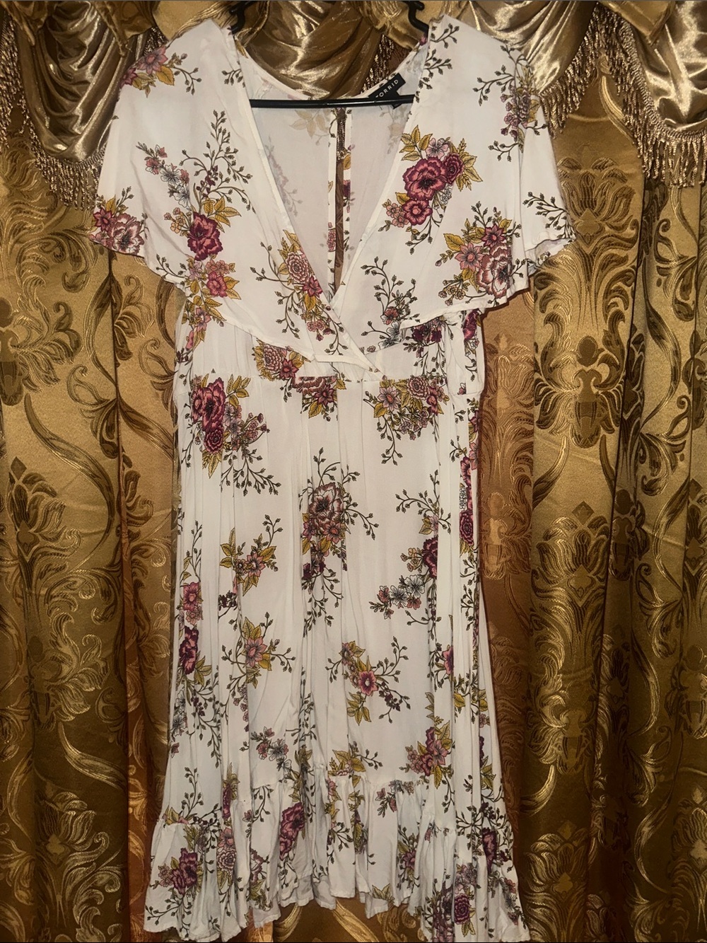 torrid White Midi Dress with Pink and Yellow Floral Print and Green Accents